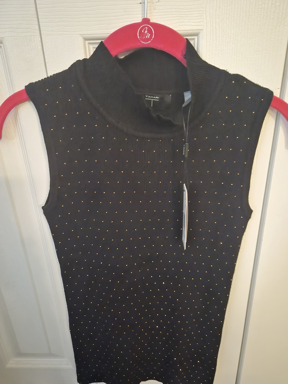 Tahari Black Sleeveless Mock Neck Top with Gold Studs